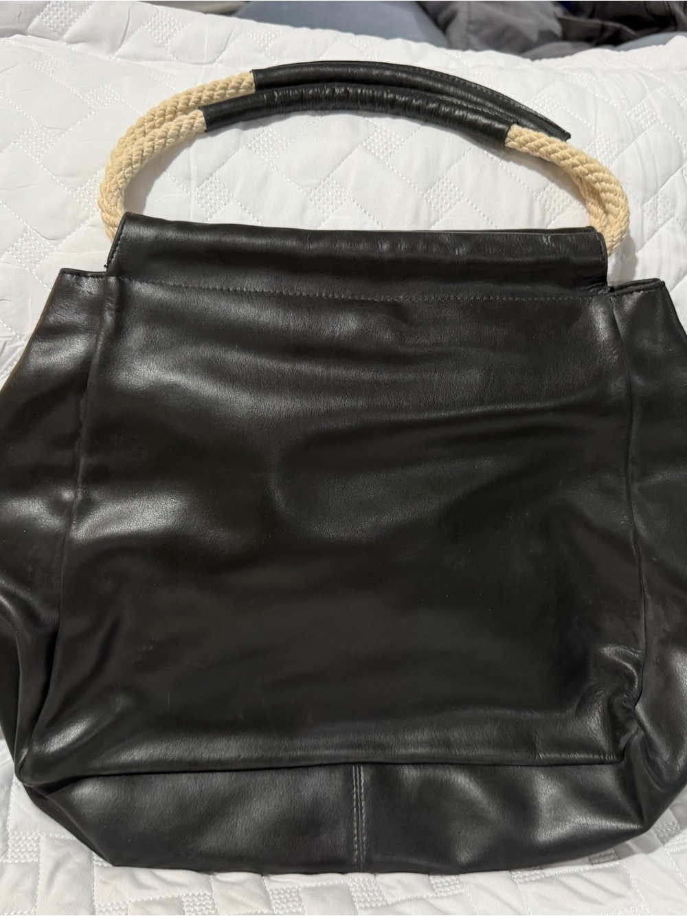 Furla Black Leather Shoulder Bag with Cream Rope Handles